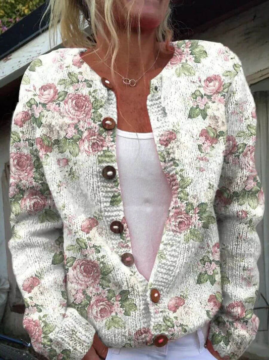Serena™ - Myk Ribbestrikket Cardigan med Blomster