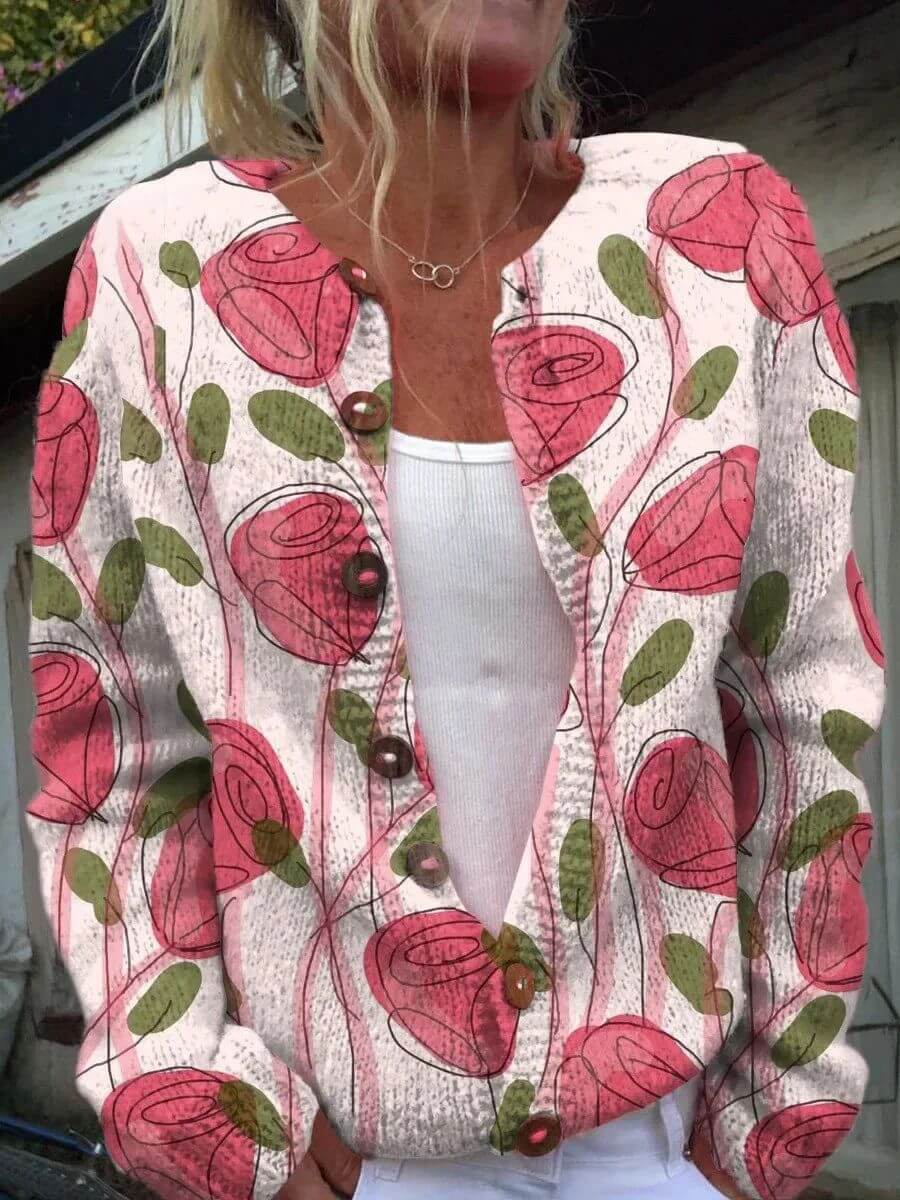 Serena™ - Myk Ribbestrikket Cardigan med Blomster
