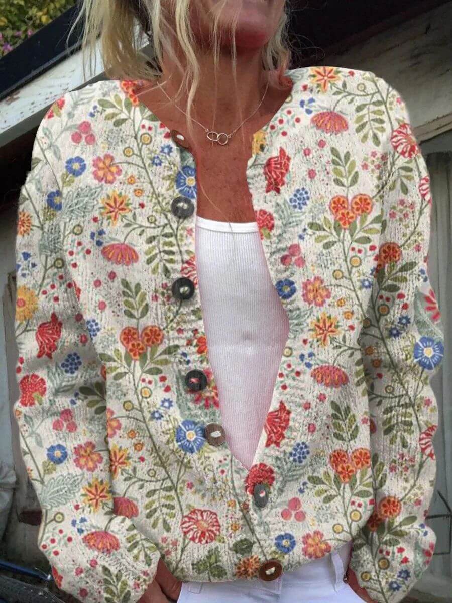 Serena™ - Myk Ribbestrikket Cardigan med Blomster