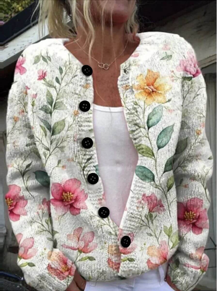 Serena™ - Myk Ribbestrikket Cardigan med Blomster